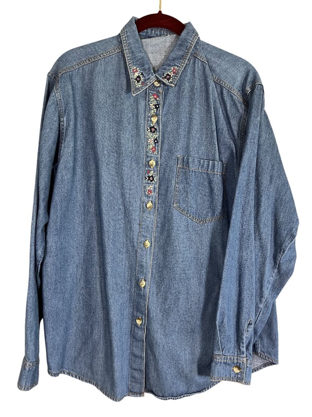 Retro Floral Denim Shirt M Boho Indie Folk Peasant Western Preppy Chic Classic